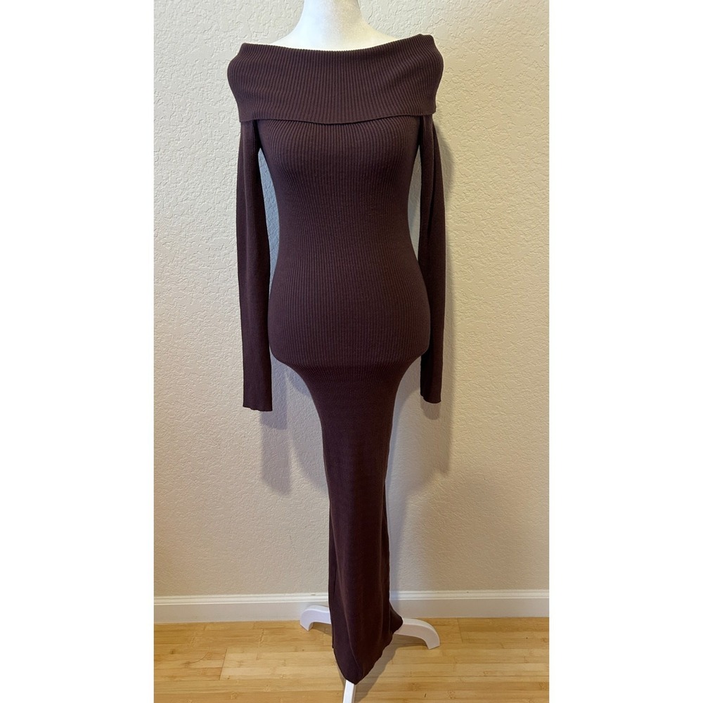 Princess Polly Brown Ribbed Bodycon Dress‎ Boat Neck Sz 2 Preppy Minimalist